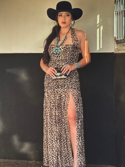 Leopard Mesh Lined Halter Dress