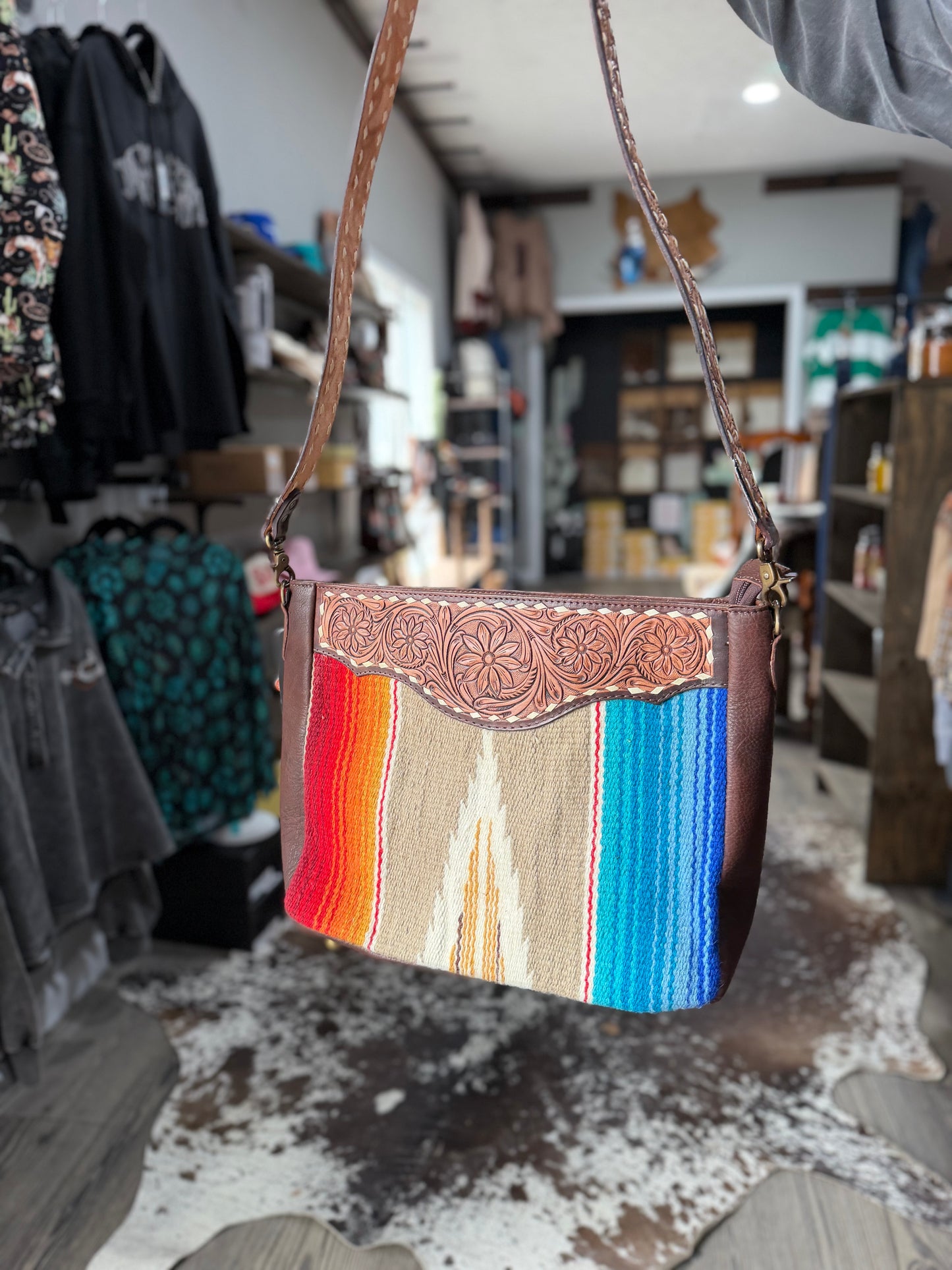 Multicolored handbag with intricate design