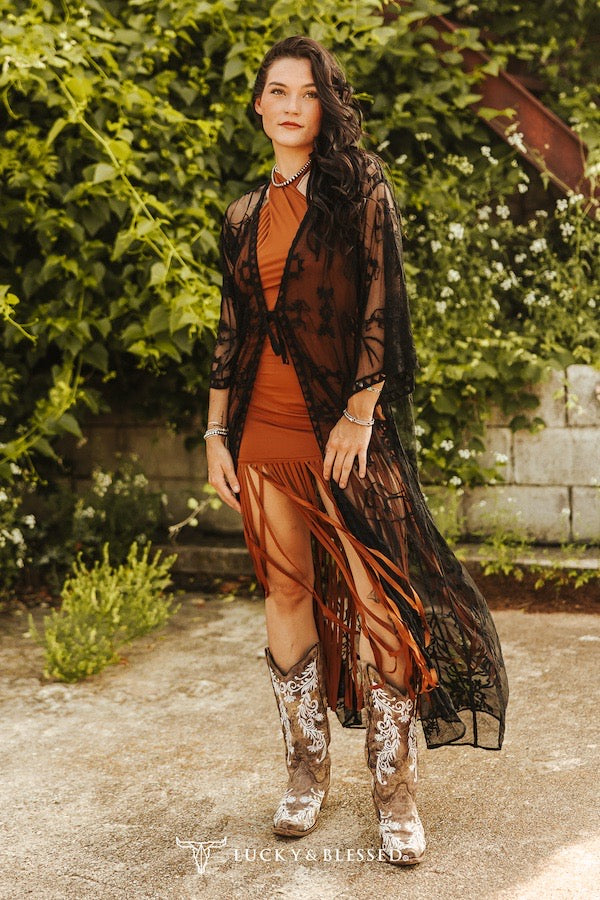 Black Western Embroidered Mesh Lace Duster