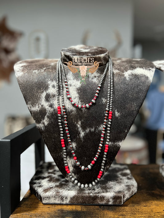 Red + Silver 3 Layer Faux Necklace Set