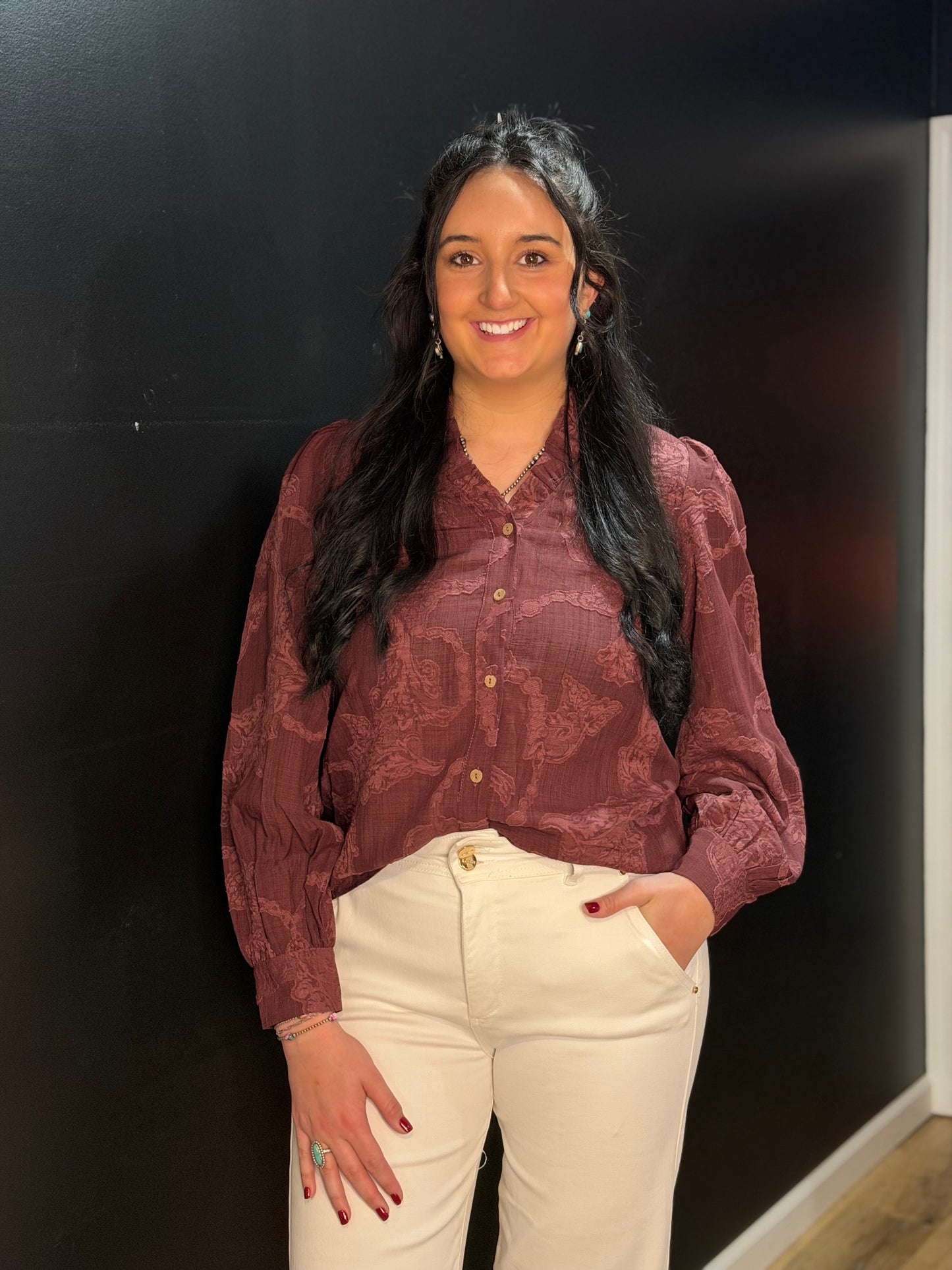 Wine Ruffle Button Up