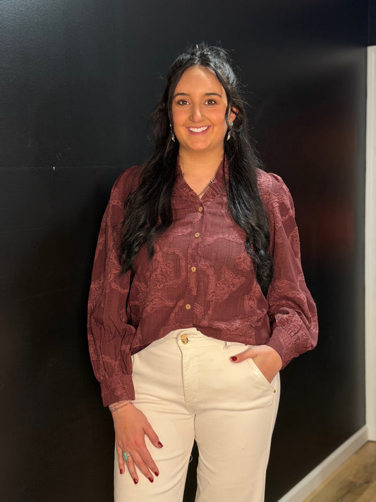Wine Ruffle Button Up