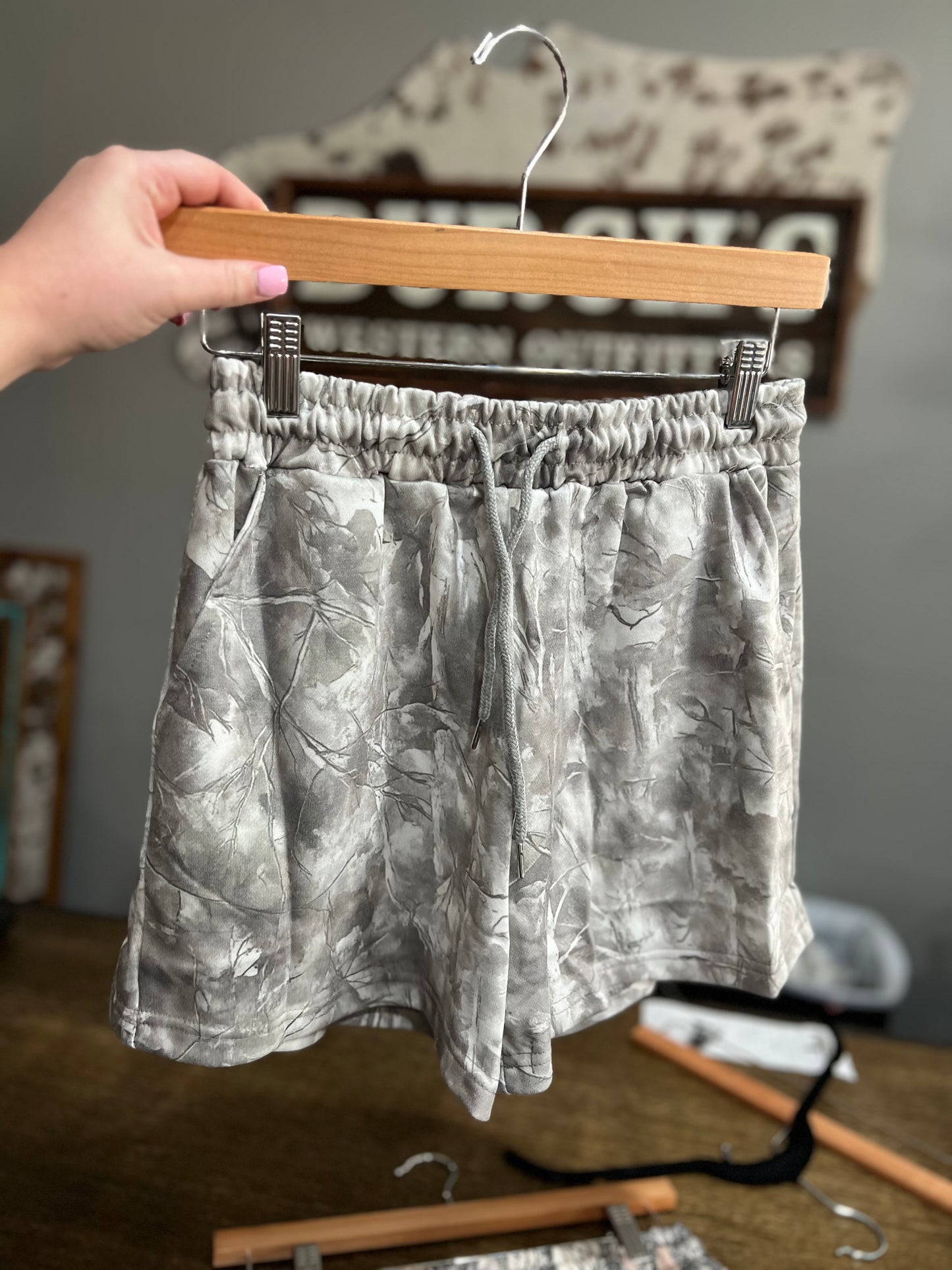 White Camo Drawstring Shorts