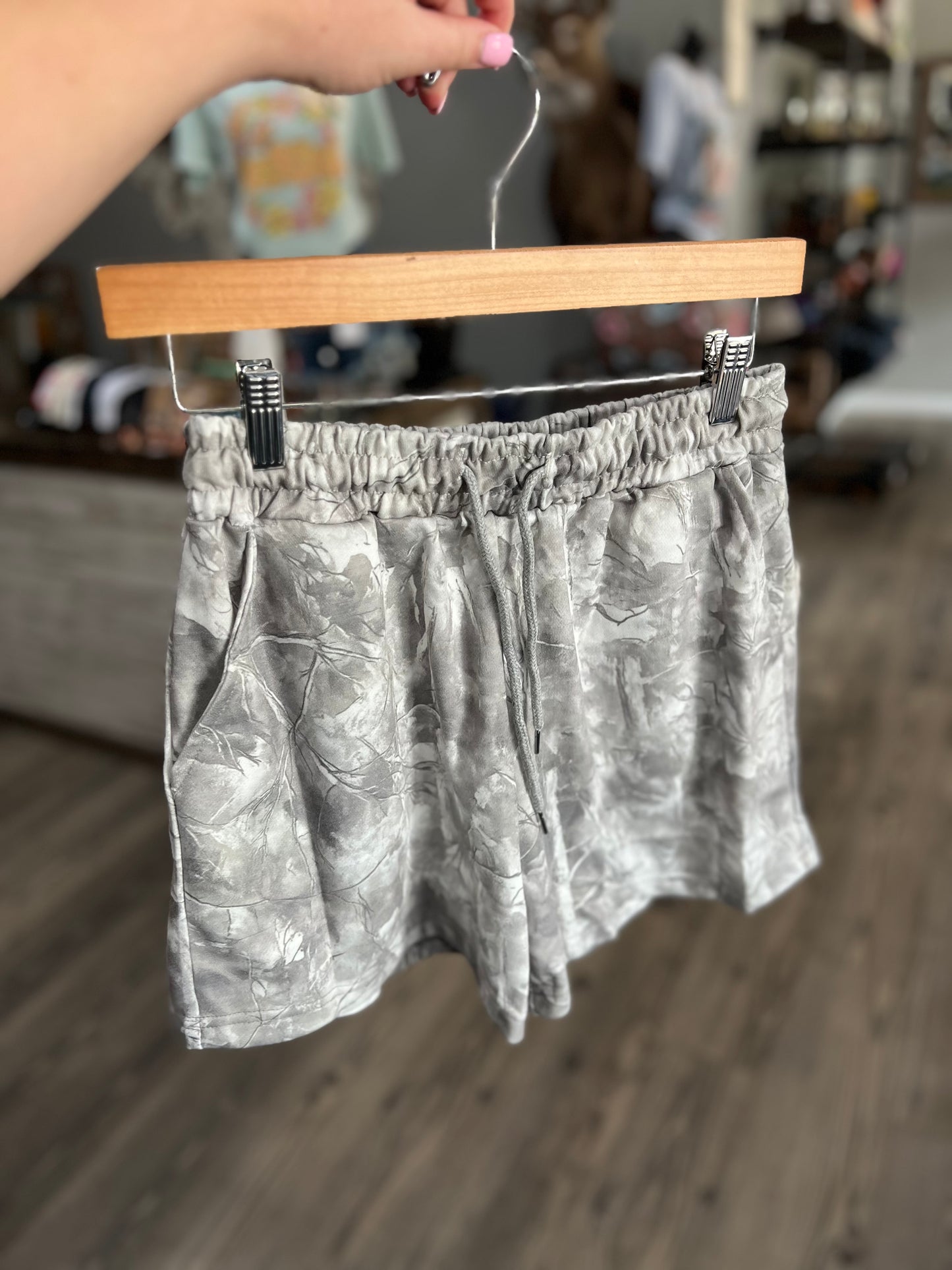 White Camo Drawstring Shorts