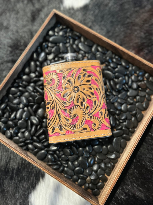 8oz Pink Tooled Flask