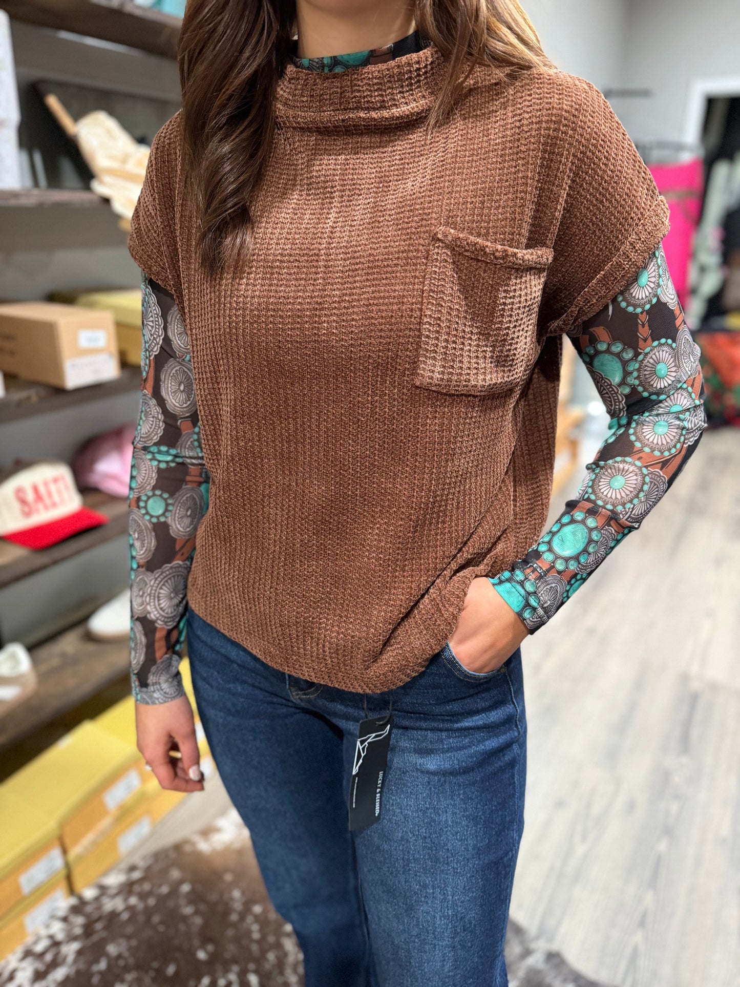 Brown Waffle Short Sleeve Sweater