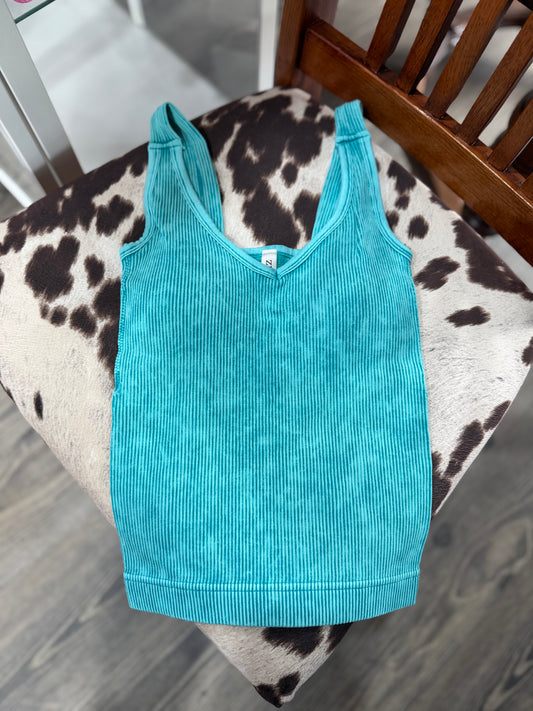 Turquoise Bra Padded Mineral Wash Tank