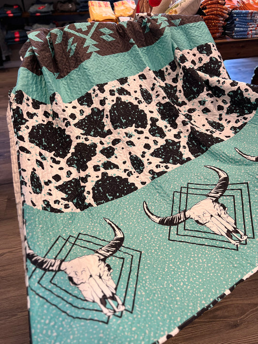 Turquoise Cow Skull 3 Piece Quilt Set