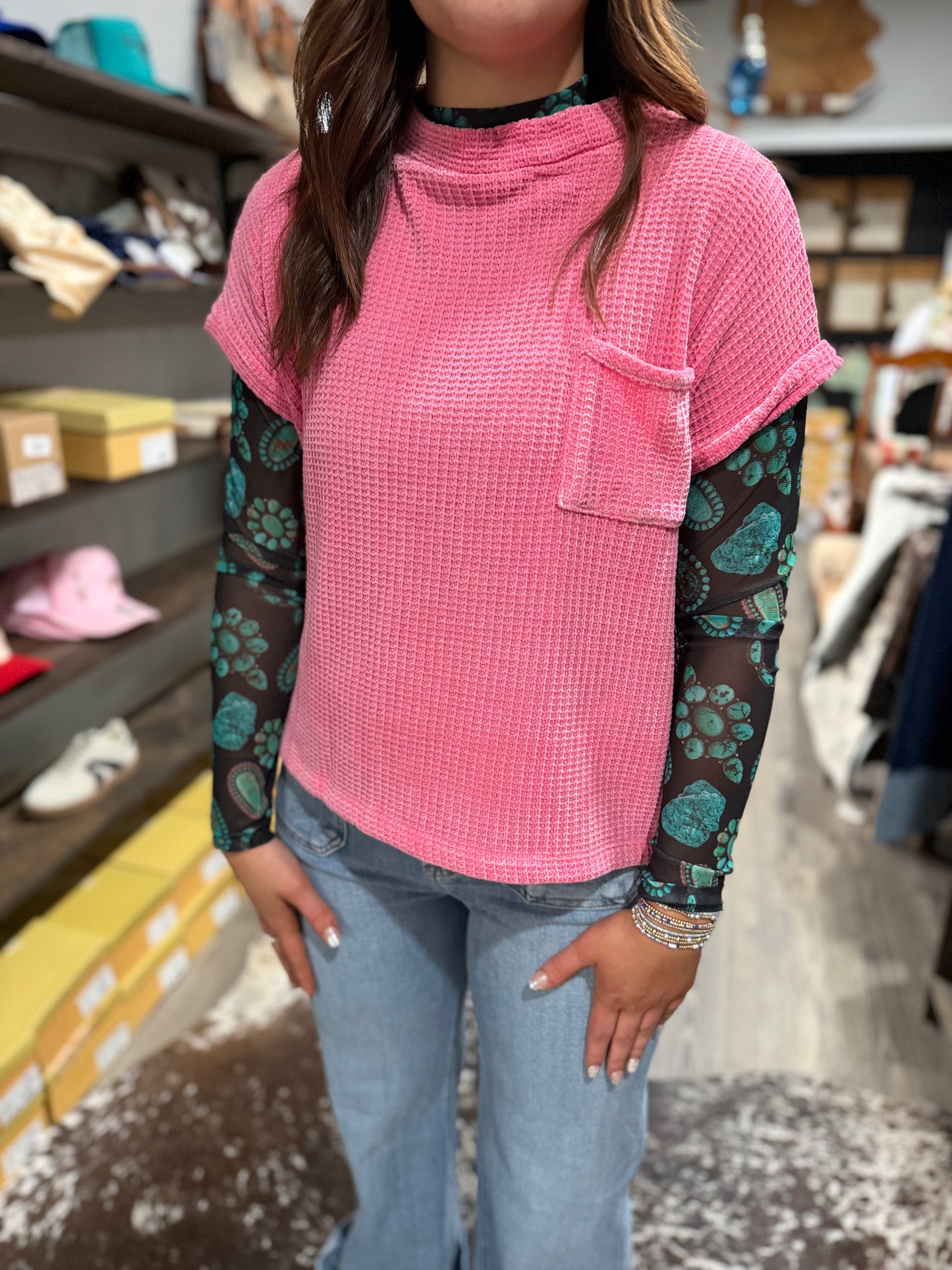 Blush Pink Waffle Short Sleeve Sweater