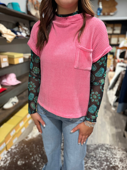 Blush Pink Waffle Short Sleeve Sweater