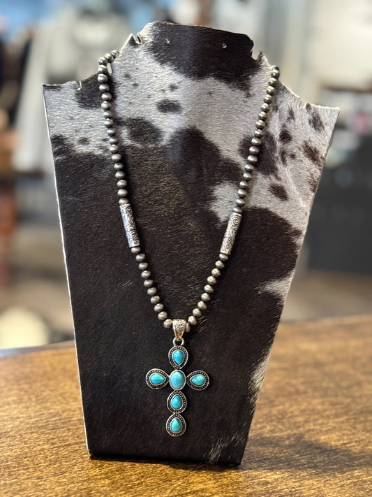 Rugged Turquoise Cross Faux Necklace