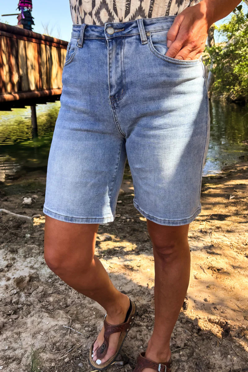 Denim shorts light washed go to mid thgh