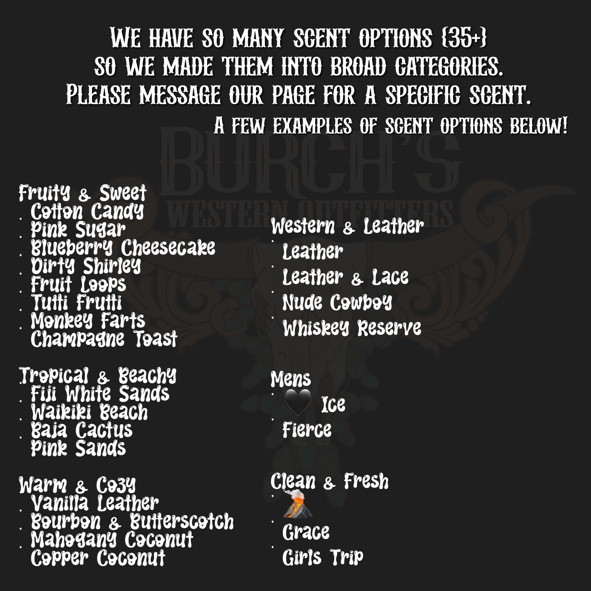 List of scent options on a black background with text.