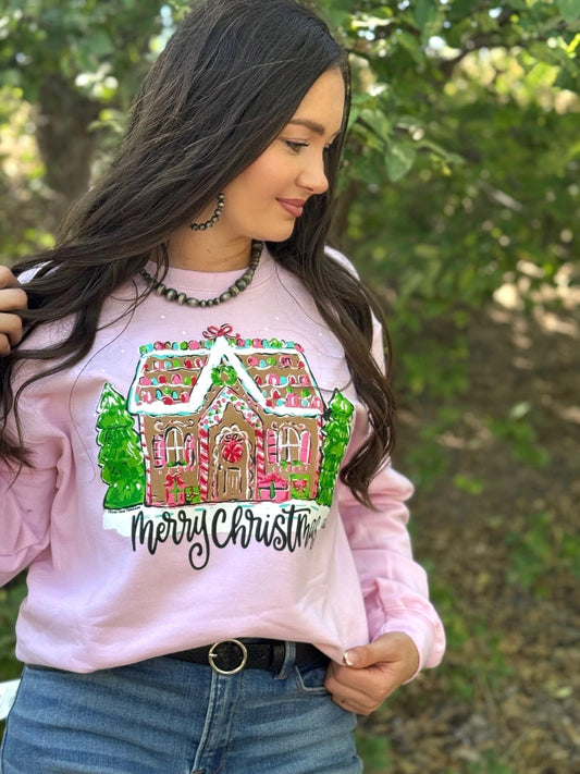 Gingerbread House Pink Crewneck