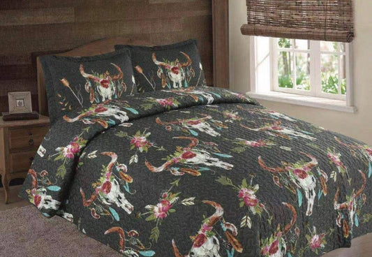 Black Flower & Steer Heads 3 Piece Quilt Set